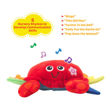 Load image into Gallery viewer, Musical Plush Crab Baby Toy with Nursery Rhymes and Sensory Sound Button, Crawling Tummy Time Companion for 3 Month Old Infants, Soft Huggable Newborn Stuffed Animal Developmental Toy
