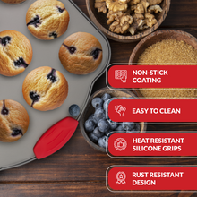 Load image into Gallery viewer, Boxiki Kitchen 24 Cup Mini Muffin Pan with Silicone Handles | Professional Non-Stick Cupcake Pan for Muffins, Cupcakes, Egg Bites, and More
