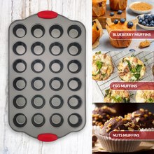 Load image into Gallery viewer, Boxiki Kitchen 24 Cup Mini Muffin Pan with Silicone Handles | Professional Non-Stick Cupcake Pan for Muffins, Cupcakes, Egg Bites, and More
