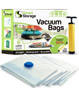 Smart Storage 6 PC Large Vacuum Storage Bags | Space Saver Bags Underbed Storage for Clothes, Bedding & Travel Bag Sealer | Vacuum Sealer Bags with Travel Pump | Waterproof Bags Works with Any Vacuum