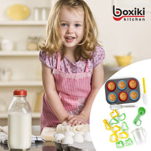 Load image into Gallery viewer, Boxiki Kitchen 24 PCS Kids Baking Set Includes 1 Muffin Pan, 6 Silicone Cupcake Liners, 10 Cookie Cutters, Spatula, Egg Whisk, Mini Measuring Cup and 4 Measuring Spoons.
