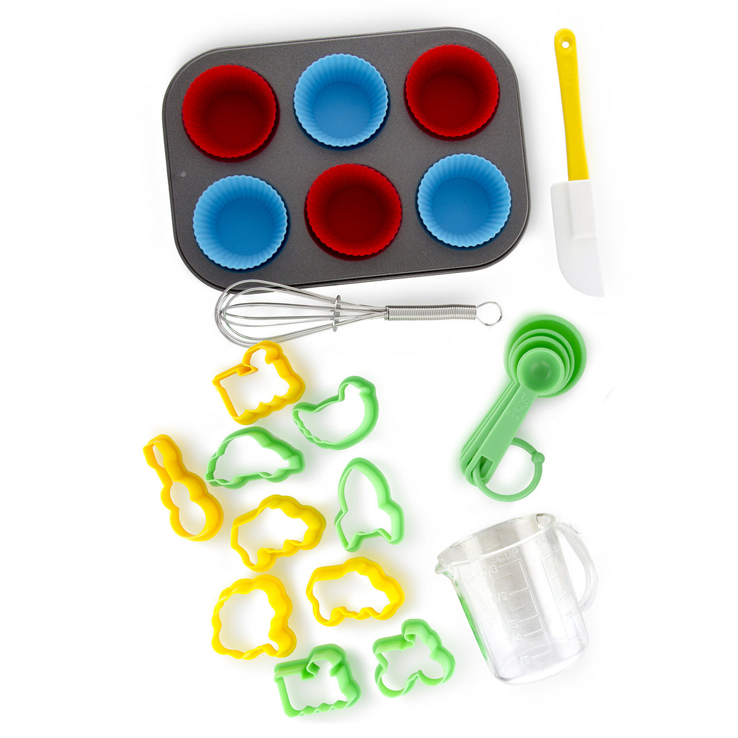 Boxiki Kitchen 24 PCS Kids Baking Set Includes 1 Muffin Pan, 6 Silicone Cupcake Liners, 10 Cookie Cutters, Spatula, Egg Whisk, Mini Measuring Cup and 4 Measuring Spoons.