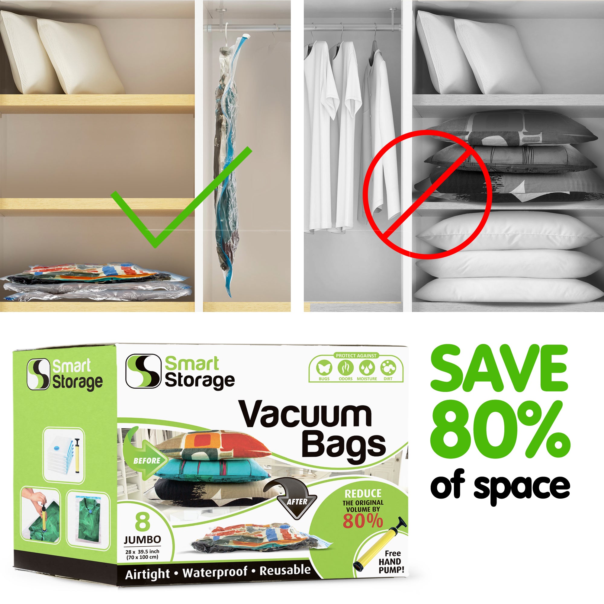 Smart Storage 8 Pack Jumbo Vacuum Storage Space Saver Bag Set with Travel Pump, Infant Unisex, Size: XL, Blue