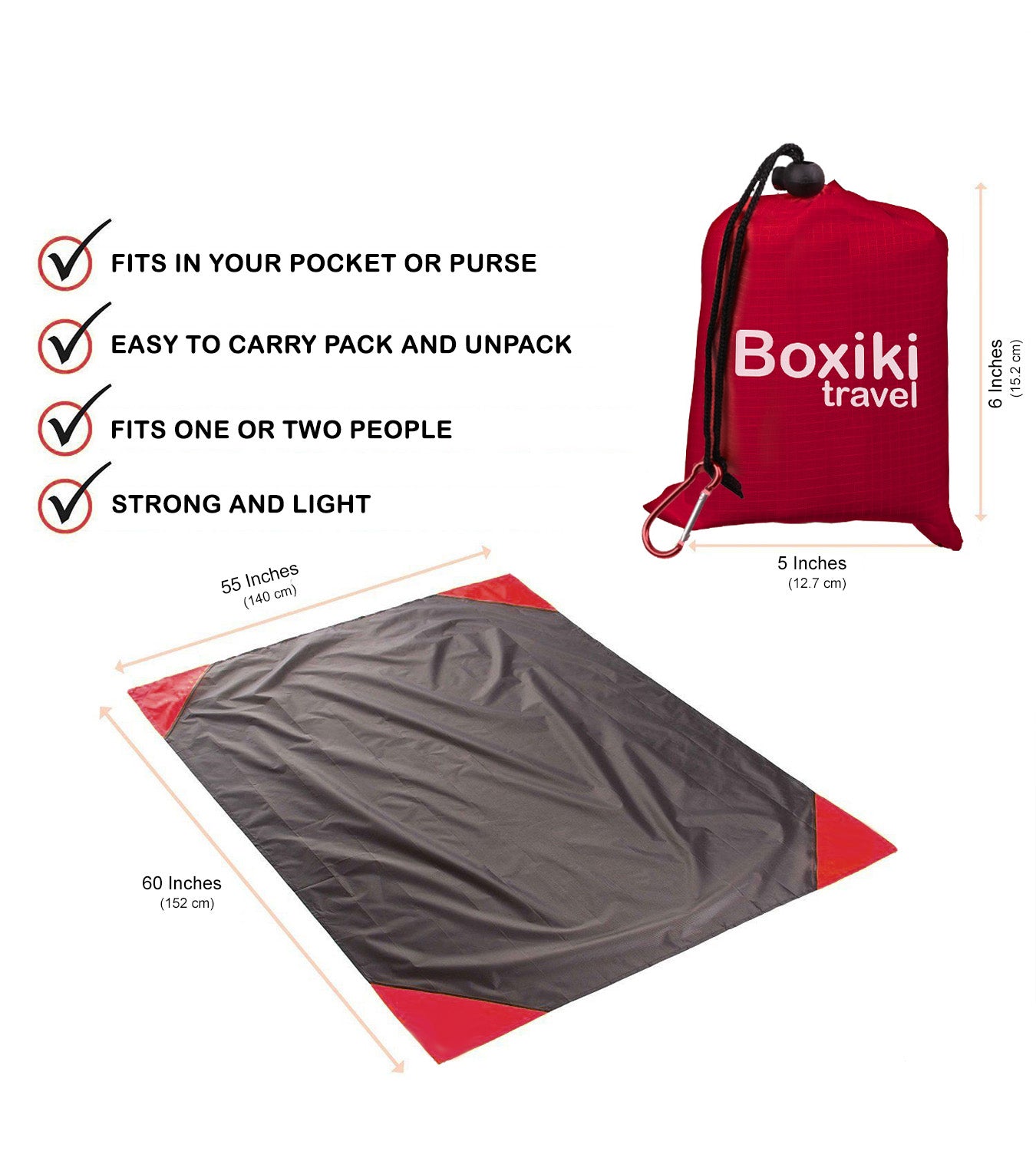 Compact Waterproof Pocket Beach Blanket. Portable Lightweight Folding Tarp  with Red Travel Case. Outdoor Picnic Camping Blanket with Easy Attachment