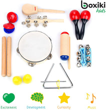Load image into Gallery viewer, Boxiki kids Musical Instruments Set of 16 PCS - Toddler Educational &amp; Musical Percussion for Kids - with Tambourine, Maracas &amp; Castanets &amp; More to Fine Motor Skills - 3+ Years Olds
