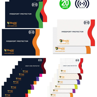 15 Credit Card Sleeves + 5 Passport Sleeves (Navy Blue & White) by Boxiki Travel - Boxiki Travel