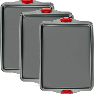 Nonstick Baking Sheet Tray Set of 3 - These Cookie Sheet Pans are Non-toxic, Dent, Warp, and Rust Resistant. Made with Heavy Gauge Carbon Steel for Oven Baking Sheets.