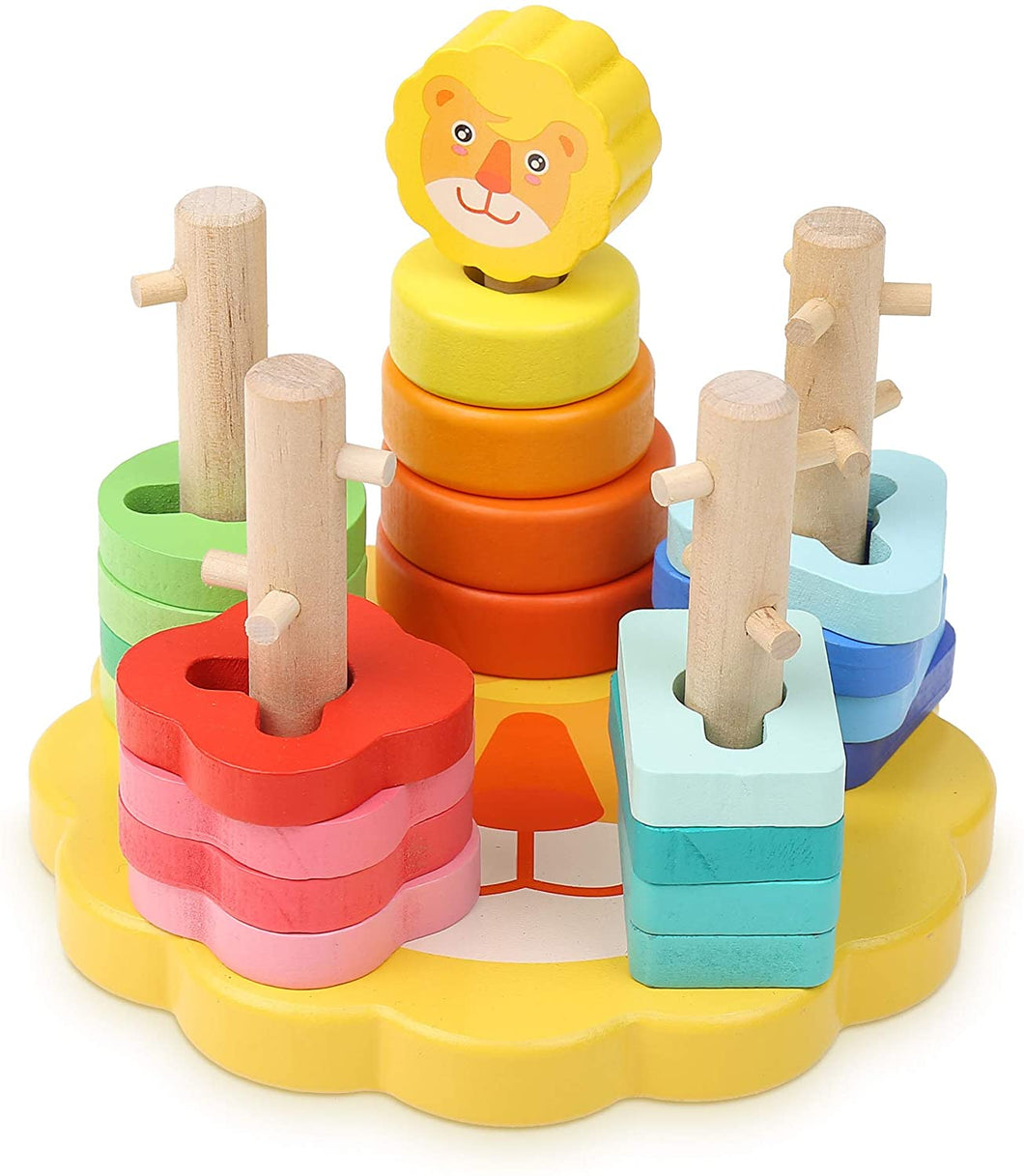 Boxiki kids 27 PCS Montessori Toys for 1 to 3 Year Old Boys Girls Toddlers, Wooden Shape Sorter & Stacking Toys, Color Recognition Stacker, Baby Puzzles Gift