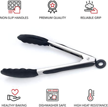 Load image into Gallery viewer, Kitchen Tongs for Cooking with Silicone Tips by Boxiki Kitchen, BPA Free Stainless Steel set of 2 Silicone Tongs for Cooking, Grilling &amp; Toss a Salad, Heat Resistant Grill Tongs for Serving Food.
