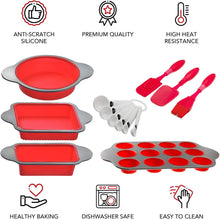 Load image into Gallery viewer, 13-Piece Non-Stick Silicone Bakeware Set with Cake Pan, Brownie Pan, Loaf Pan, Muffin Mold, Spatulas, Brush, and Measuring Spoons - Oven, Freezer and Dishwasher Safe.
