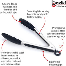 Load image into Gallery viewer, Kitchen Tongs for Cooking with Silicone Tips by Boxiki Kitchen, BPA Free Stainless Steel set of 2 Silicone Tongs for Cooking, Grilling &amp; Toss a Salad, Heat Resistant Grill Tongs for Serving Food.
