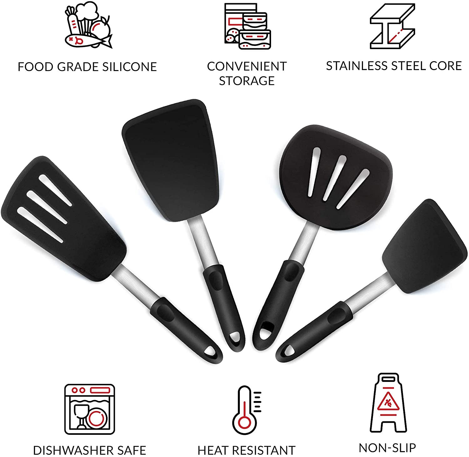 Heat Resistant Kitchen Utensils, Stainless Silicone Utensils Set for  Nonstick Cookware, Dishwasher Safe 