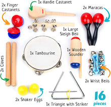 Load image into Gallery viewer, Boxiki kids Musical Instruments Set of 16 PCS - Toddler Educational &amp; Musical Percussion for Kids - with Tambourine, Maracas &amp; Castanets &amp; More to Fine Motor Skills - 3+ Years Olds

