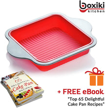 Load image into Gallery viewer, Boxiki Kitchen Non-Stick Silicone 8x8 Square Cake and Brownie Pan with Easy Grip Steel Frame Handles - Easy to Release, Oven &amp; Dishwasher Safe
