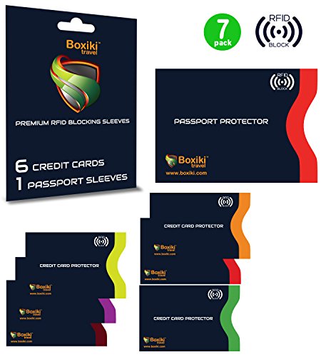 Boxiki Travel RFID Blocking Sleeves, Set including Color Coding. Identity Theft Prevention RFID Credit Card Holders (Navy 7 PCS)