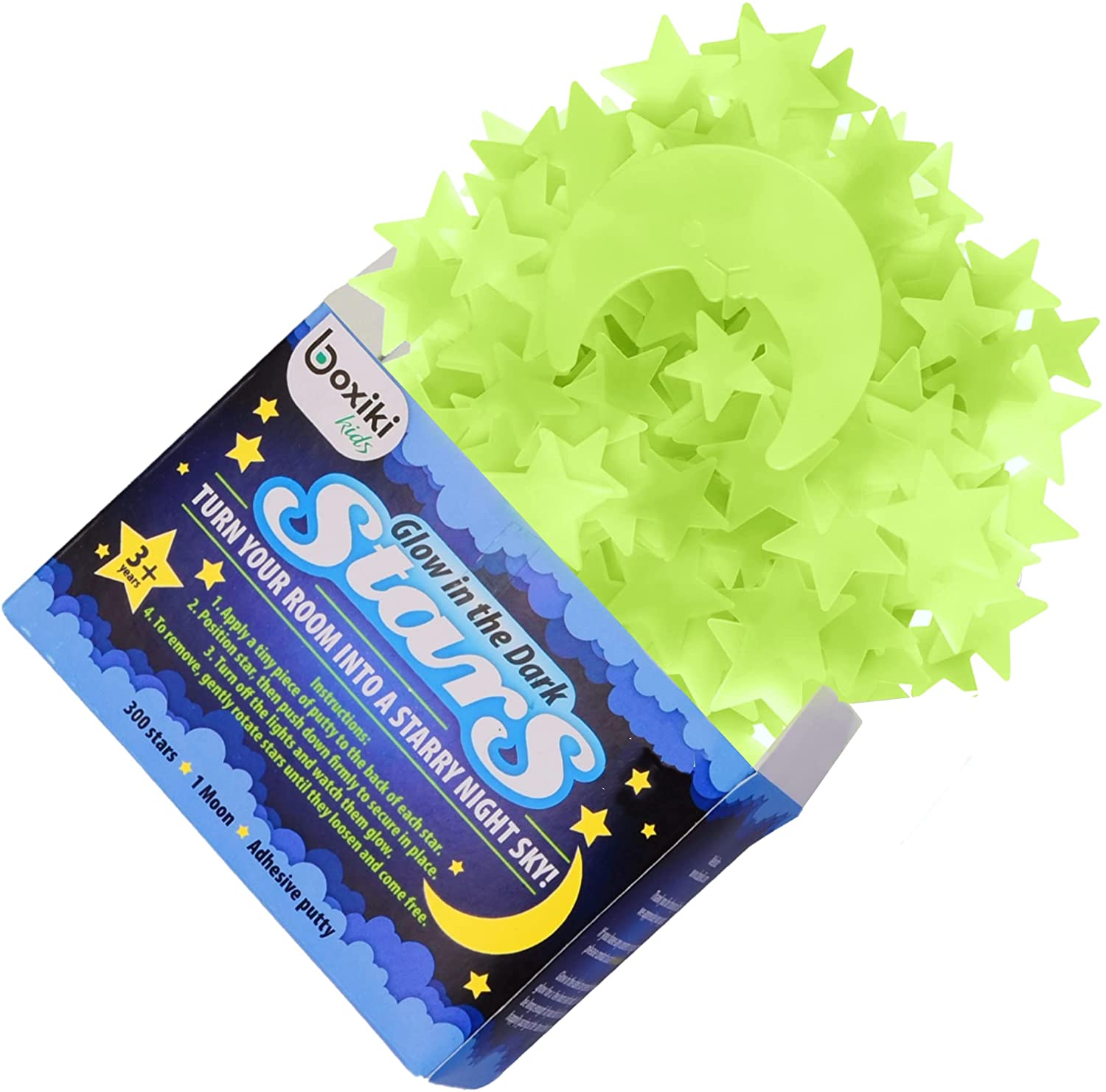 Glow in The Dark Stars for Ceiling with Moon by Boxiki Kids. Fluorescent Ceiling Stars for Kids Room Decor. Glow in The Dark Stickers for Bedrooms & Nurseries Pack of 300