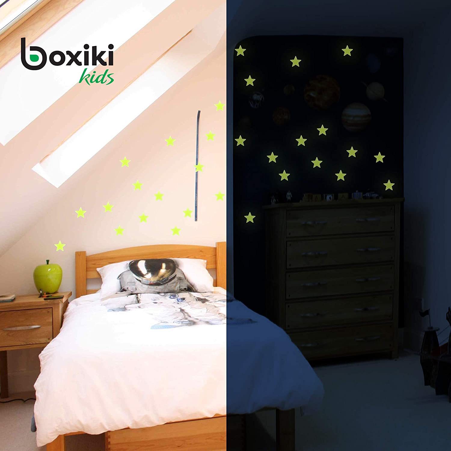 Boxiki Kids Pack of 300 Glowing Stars & Moon | Fluorescent Ceiling Stars for Kids | Estrellas fluorescentes Para Niños | Glow Moon and Stars Set for
