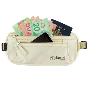 Boxiki Travel Hidden Money Belt for Men & Women - RFID Blocking Slim Passport Holder - Safe & Secure Travel Wallet for Phone, Cash, Credit Cards (Beige)